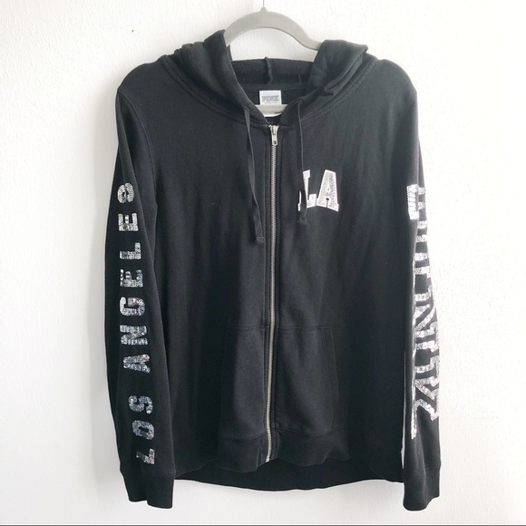 PINK Victoria's Secret Tops - Victoria’s Secret PINK Hoodie Black Sequins LA West Coast Beaches Sz M